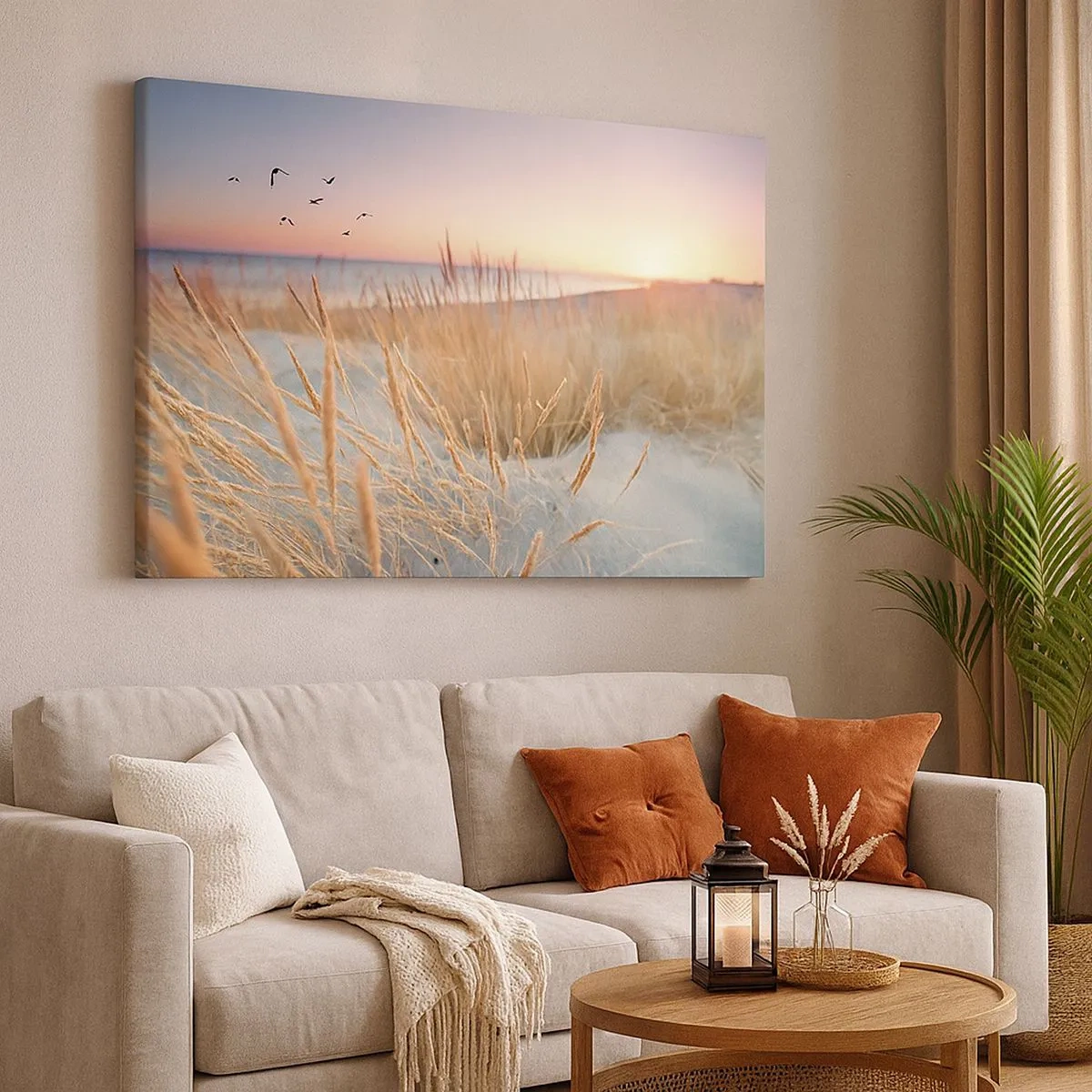 Lærredstryk - Billede på lærred - Solnedgangsstrand med højt græs - 70x50cm - Baltisk vuggevise - Moderne vægdekoration til stue og soveværelse ARTTOR