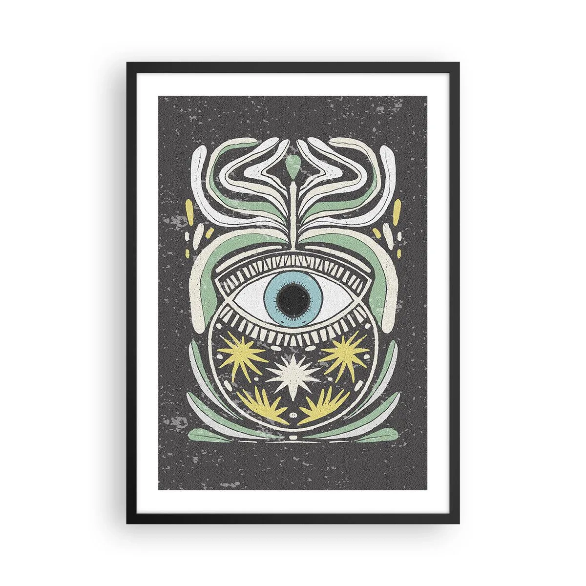 Plakat i sort ramme - Et symbolsk øje omgivet af plantemønstre på en mørk baggrund. - 50x70cm - Stammeritualer - Moderne vægdekoration til stue og soveværelse ARTTOR