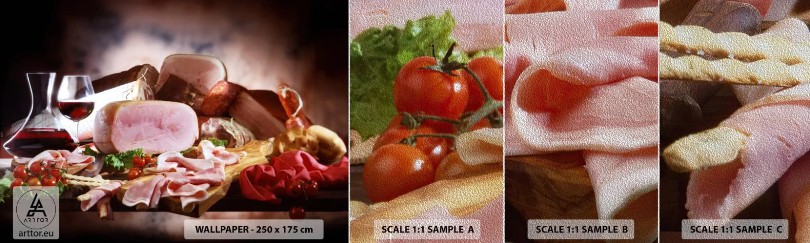 Prøve Fototapet Premium Sand - En kulinarisk drøm med en karaffel - Gastronomi, Kød, Tomater - 100x30 cm