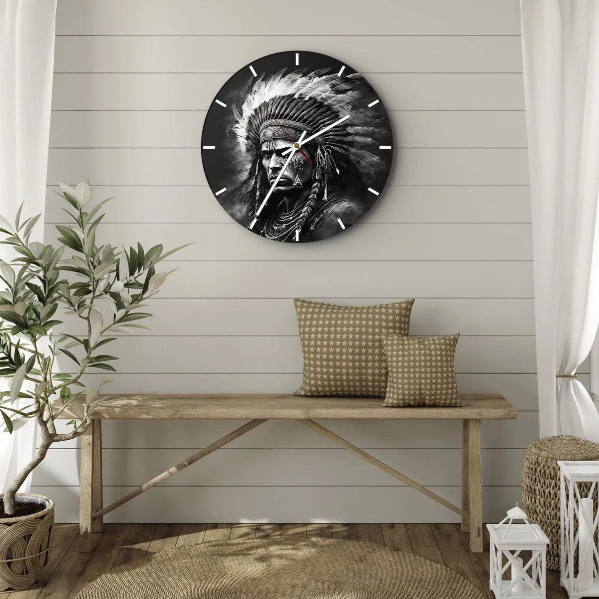 Vægur, Uret - Portræt af en høvding med fjerdragt i monokrom stil - 30x30cm - Leder og kriger - Moderne vægdekoration til stue, køkken og soveværelse ARTTOR
