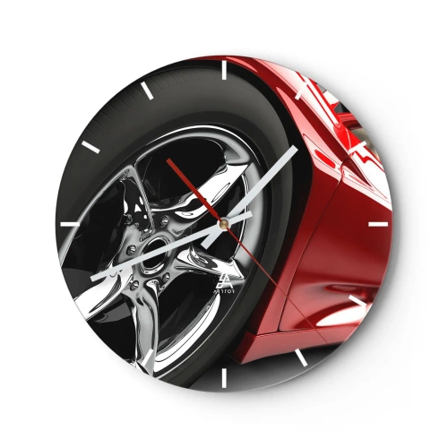 Vægur, Uret - Nærbillede af forkromede fælge på en rød bil - 30x30cm - Lavet til fart - Moderne vægdekoration til stue, køkken og soveværelse ARTTOR