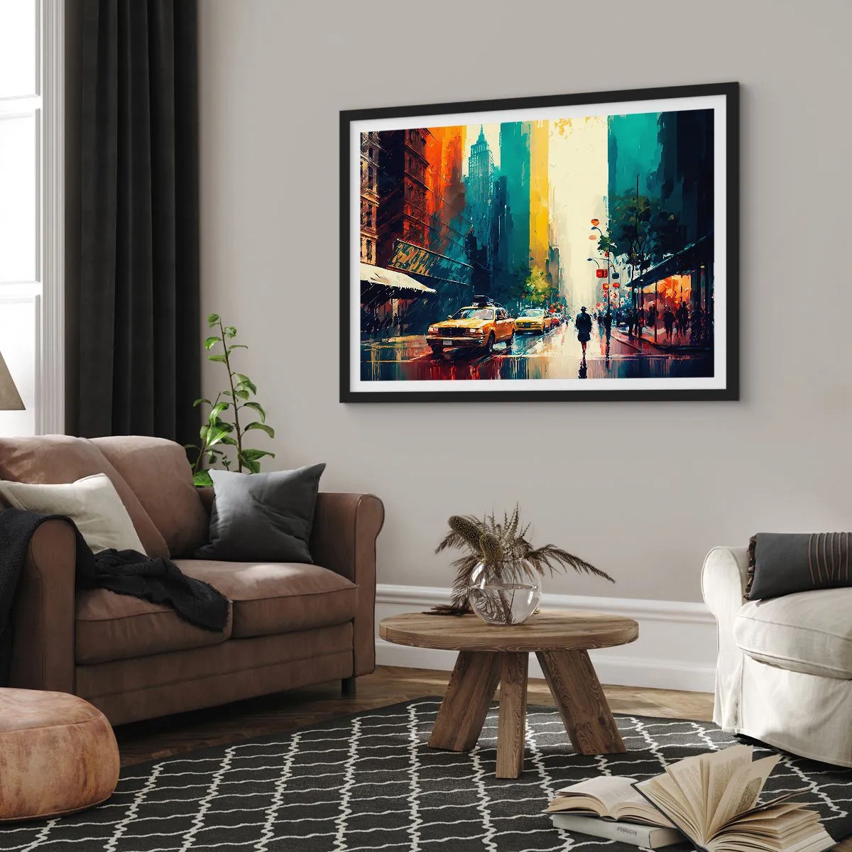 Plakat i sort ramme - New York - her er selv regnen farverig - 70x50 cm