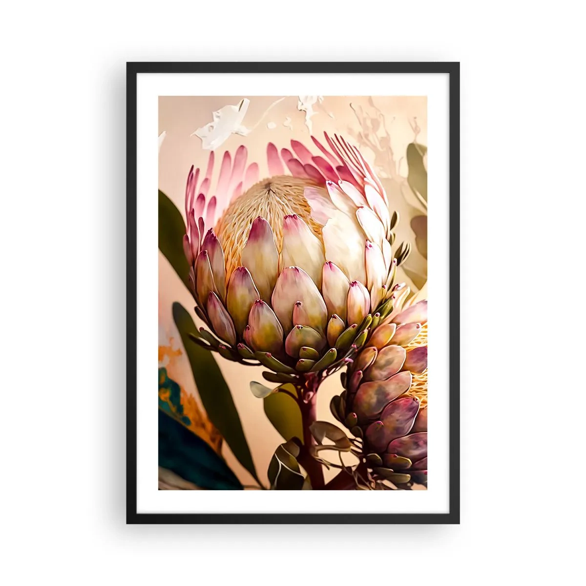 Plakat i sort ramme - Nærbillede af en proteablomst i varme farver - 50x70cm - Ømt omfavnet - Moderne vægdekoration til stue og soveværelse ARTTOR