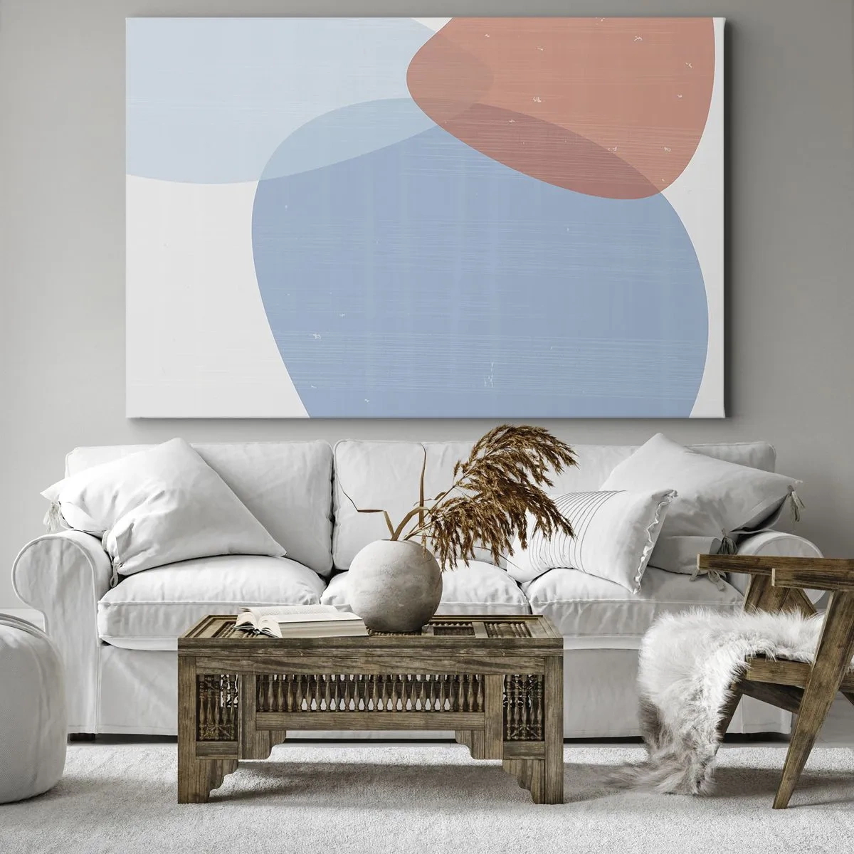Lærredstryk - Billede på lærred - En abstrakt komposition i pastelfarver af blå og lyserød med organiske former. - 70x50cm - Pastelfarvede relationer - Moderne vægdekoration til stue og soveværelse ARTTOR