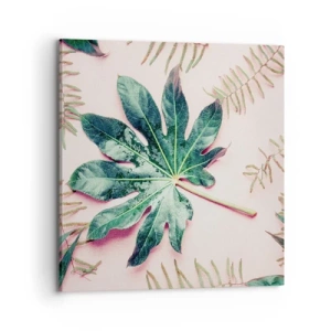 Lærredstryk - Billede på lærred - En undersøgelse af grønt på en lyserød baggrund - 70x70 cm