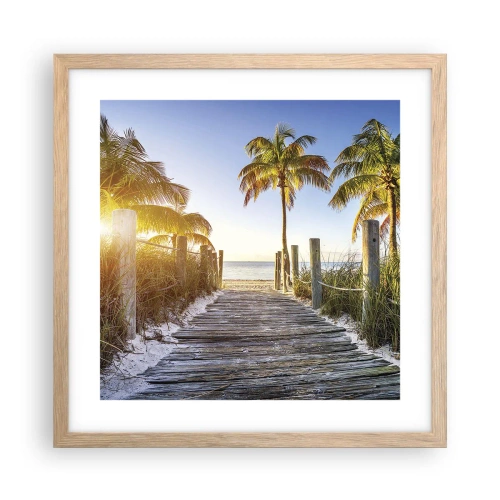 Plakat i ramme af lyst egetræ - Direkte til paradis - 40x40 cm