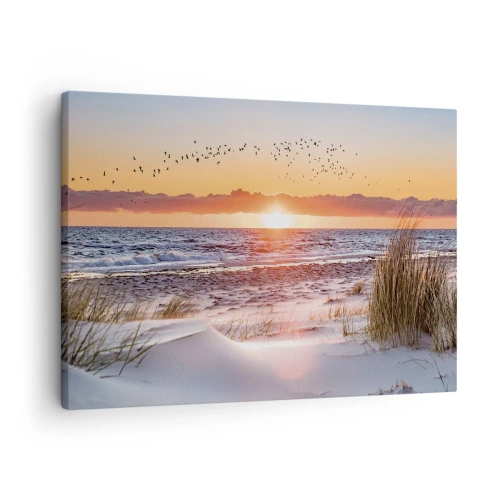 Lærredstryk - Billede på lærred - Solnedgang over havet med udsigt over klitterne - 70x50cm - Vandret landskab - Moderne vægdekoration til stue og soveværelse ARTTOR
