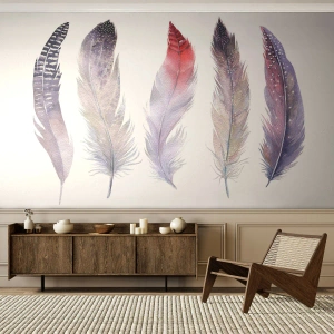 Fototapet Premium Sand - Delikat som en flerfarvet tåge - Fuglefjer, Boho, Grafik - 100x70 cm