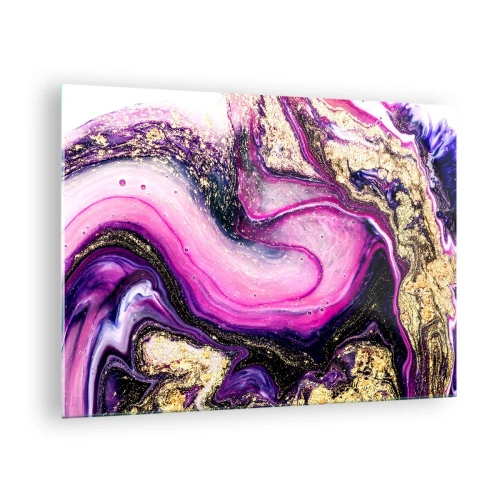 Billede på glas - En abstrakt komposition i nuancer af lilla og guld. - 70x50cm - Et øjeblik bag kulisserne - Moderne vægdekoration til stue og soveværelse ARTTOR