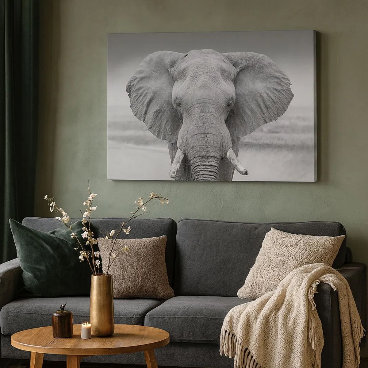 Lærredstryk - Billede på lærred - Portræt af en elefant i sort-hvid - 70x50cm - Velkommen til min verden - Moderne vægdekoration til stue og soveværelse ARTTOR