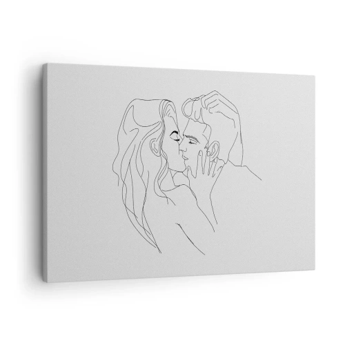 Lærredstryk - Billede på lærred - Omridset af et kyssende par på en lys baggrund - 70x50cm - I samme linje - Moderne vægdekoration til stue og soveværelse ARTTOR