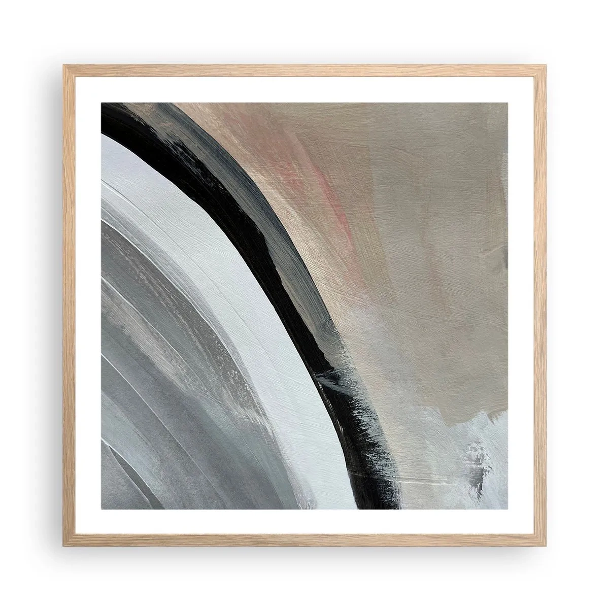 Plakat i ramme af lyst egetræ - Komposition: en bue af sort og gråt - 60x60 cm