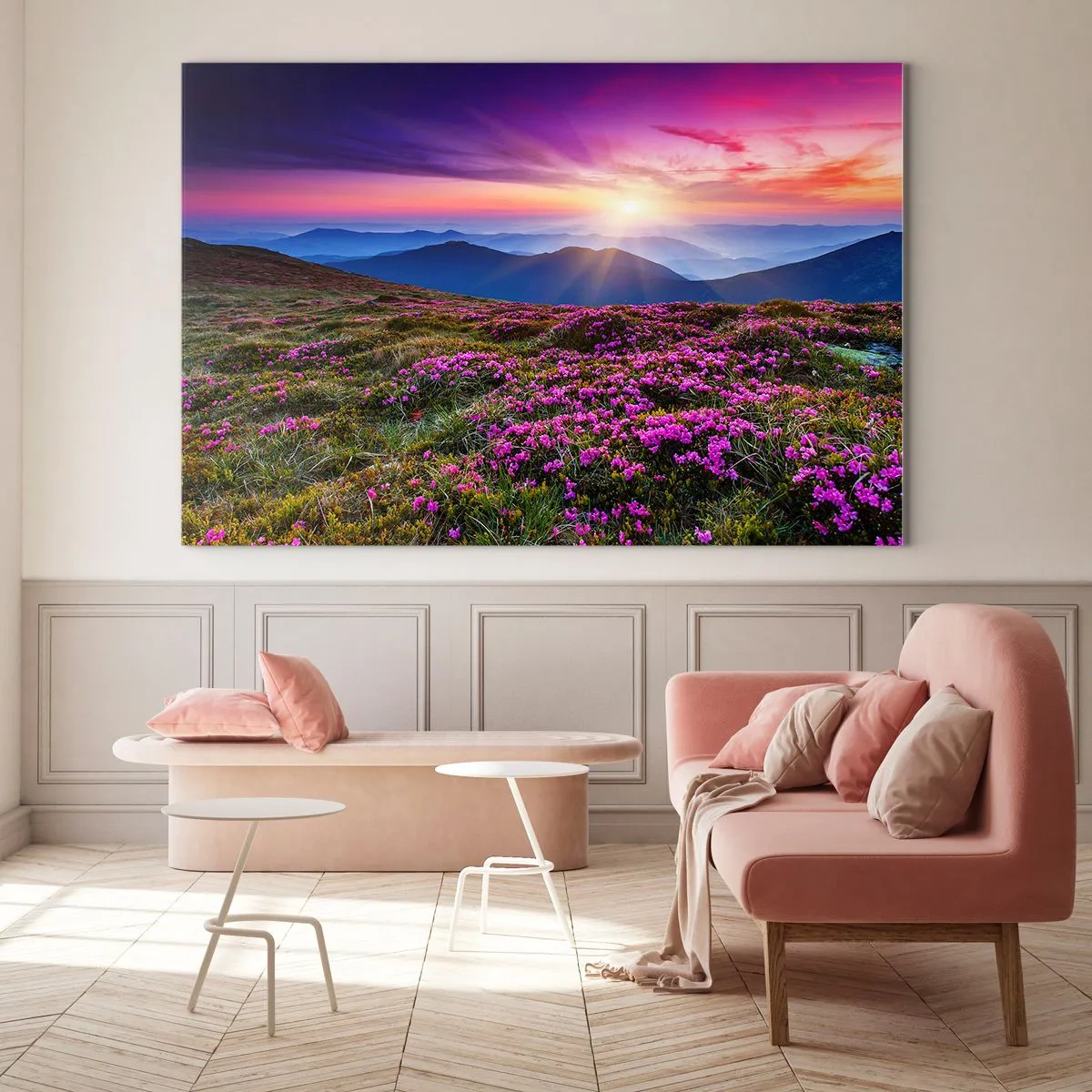 Billede på glas - Bjerglandskab med lyng ved solnedgang - 70x50cm - Urter duftede friske bundter fra niw - Moderne vægdekoration til stue og soveværelse ARTTOR