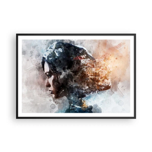 Plakat i sort ramme - Historien om en pige med en by i baggrunden - 100x70 cm