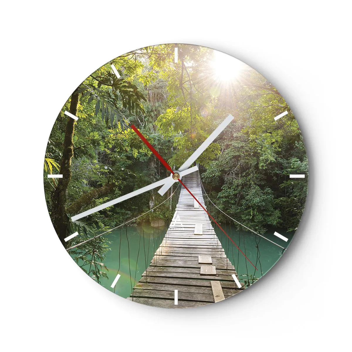 Vægur, Uret - Træhængebro i den tropiske jungle ved daggry - 30x30cm - Over det azurblå vand til den azurblå skov - Moderne vægdekoration til stue, køkken og soveværelse ARTTOR