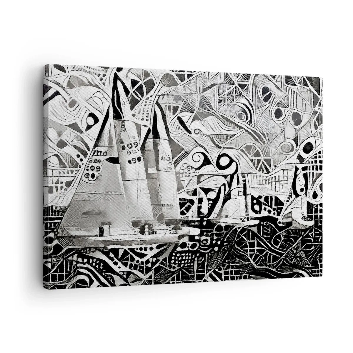 Lærredstryk - Billede på lærred - Abstrakte sejlbåde i en monokromatisk komposition - 70x50cm - Mellem bølgerne - Moderne vægdekoration til stue og soveværelse ARTTOR