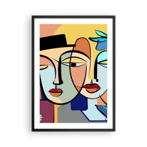 Plakat i sort ramme - Farverig abstrakt komposition af ansigter i kubistisk stil - 50x70cm - Picassos randez vous - Moderne vægdekoration til stue og soveværelse ARTTOR