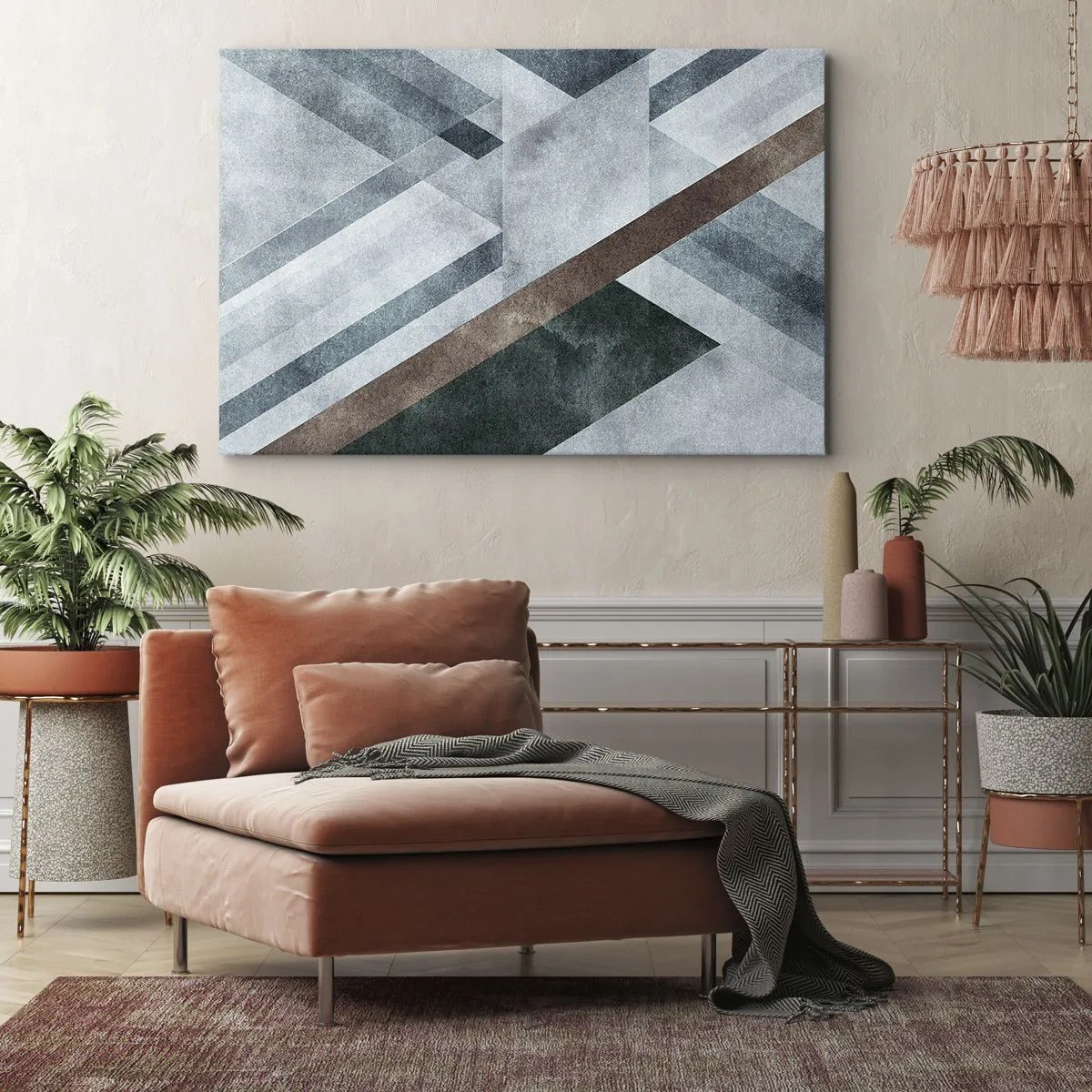 Lærredstryk - Billede på lærred - Geometriske former i kølige nuancer af blå og brun - 70x50cm - Sofistikeret elegance i geometri - Moderne vægdekoration til stue og soveværelse ARTTOR