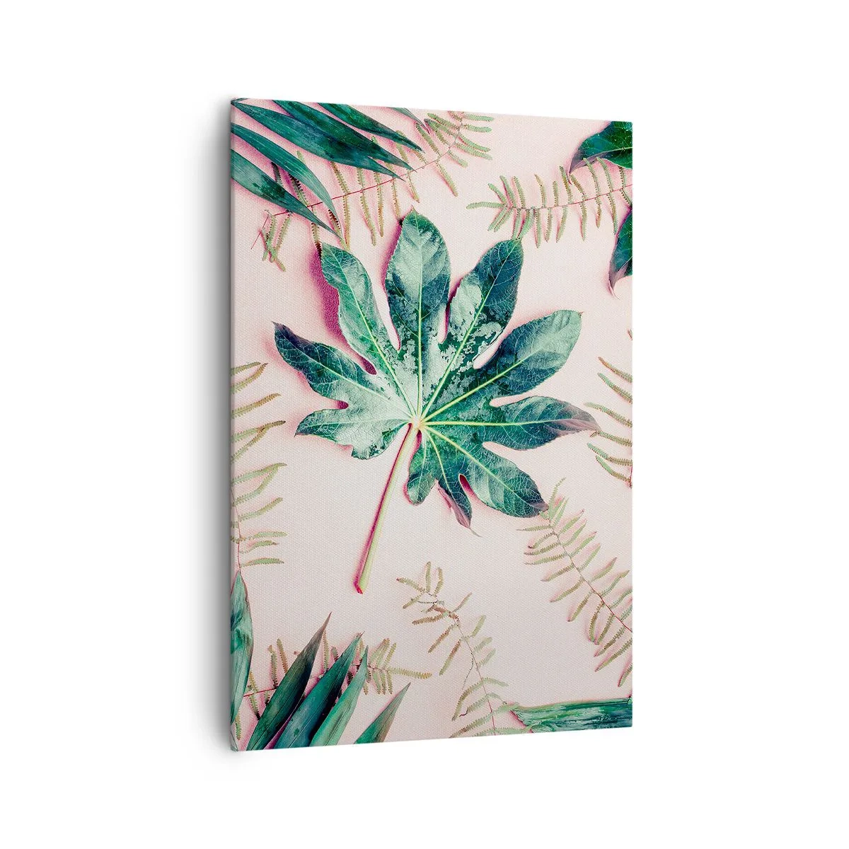 Lærredstryk - Billede på lærred - En undersøgelse af grønt på en lyserød baggrund - 70x100 cm