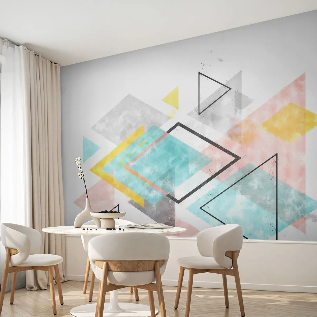 Fototapet Selvklæbende Deluxe Sticker - Geometrisk leg - Lyse, Trekanter, Minimalisme - 150x105 cm