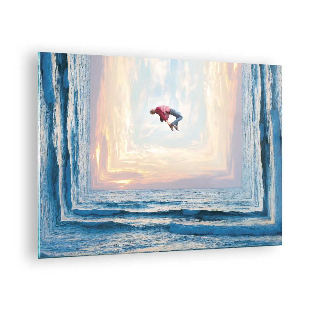 Billede på glas - En mand, der hopper over havet i en surrealistisk ramme - 70x50cm - Til en anden dimension - Moderne vægdekoration til stue og soveværelse ARTTOR