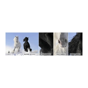 Prøve Fototapet Selvklæbende Deluxe Sticker - Sort og hvid galop - Dyr, Hest, Vinter - 100x30 cm