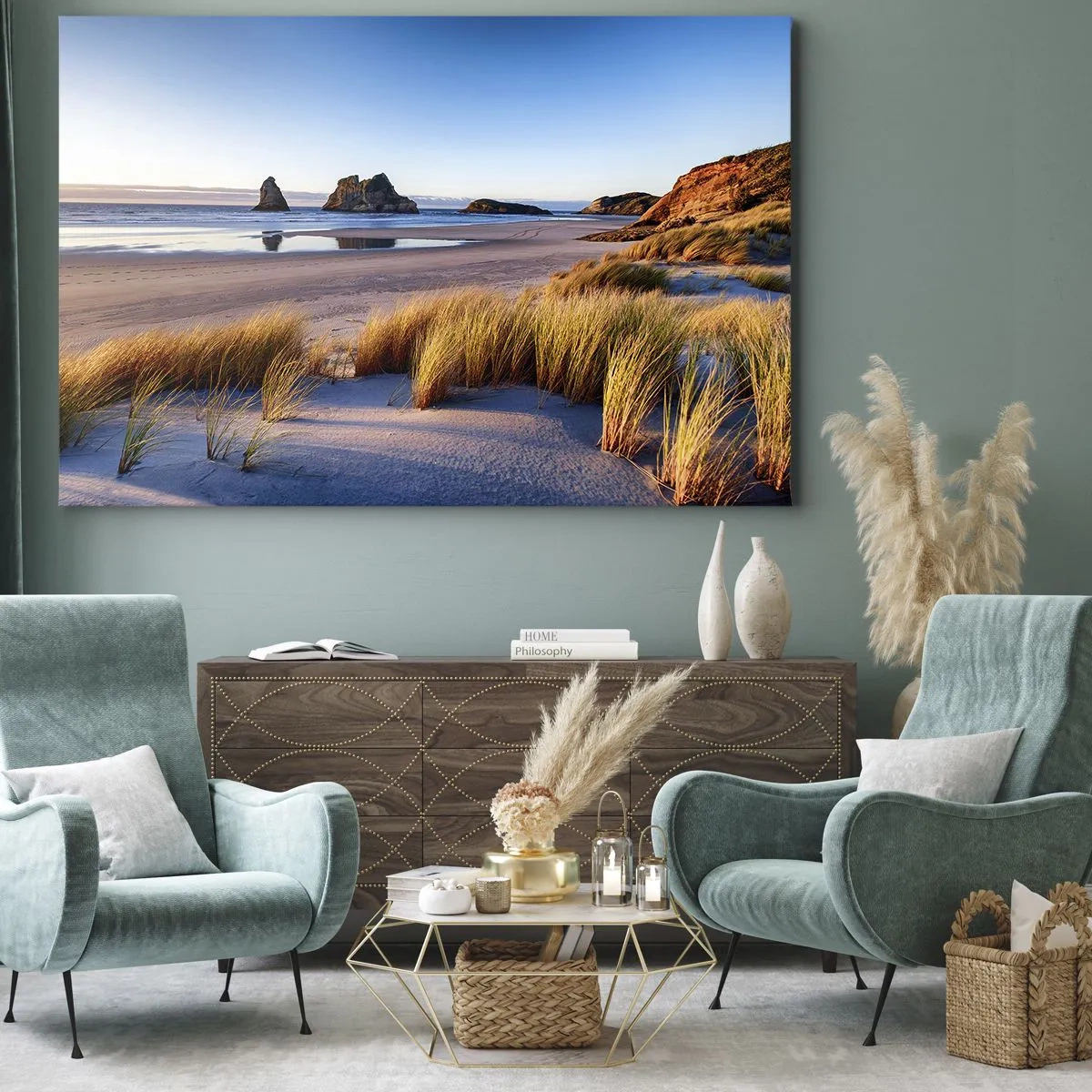 Lærredstryk - Billede på lærred - En malerisk strand med udsigt over klipperne og havet ved solnedgang - 70x50cm - For dem, der søger ro - Moderne vægdekoration til stue og soveværelse ARTTOR