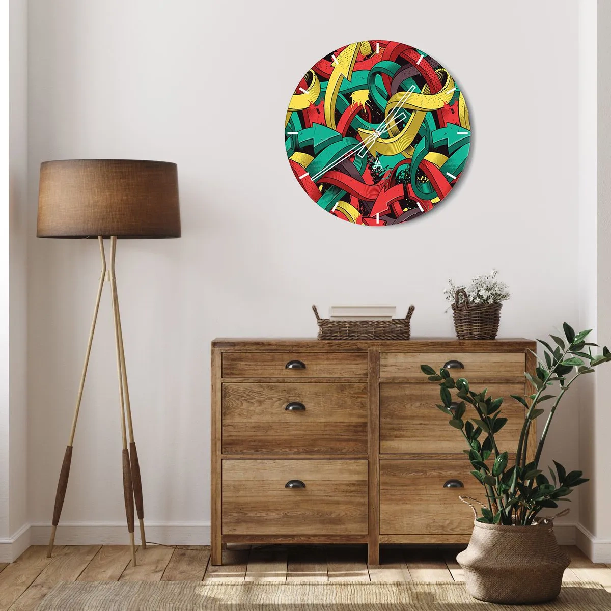 Vægur, Uret - Farverige pile i dynamisk tegneseriestil - 30x30cm - Hvilken vej skal man gå? - Moderne vægdekoration til stue, køkken og soveværelse ARTTOR