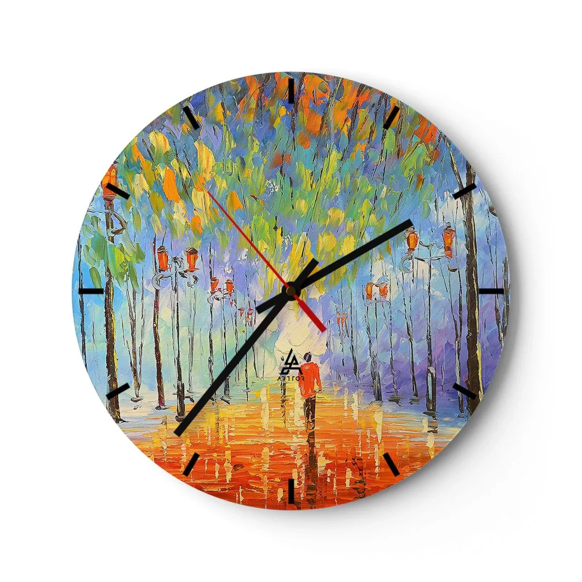 Vægur, Uret - En farverig allé med træer og en person, der går i det fjerne - 30x30cm - Nattens sang om regnen - Moderne vægdekoration til stue, køkken og soveværelse ARTTOR