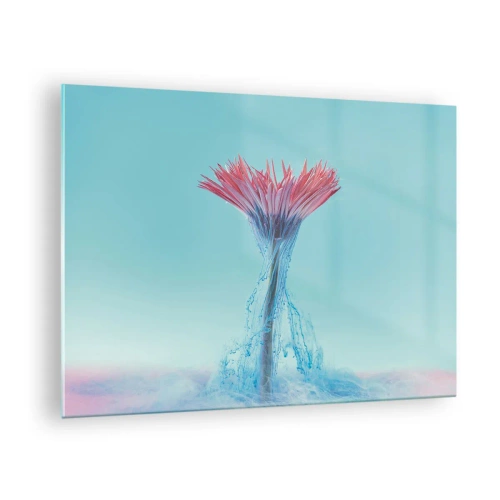 Billede på glas - En fantasifuld blomst fordybet i en blå og lyserød dis - 70x50cm - I en nærende omfavnelse - Moderne vægdekoration til stue og soveværelse ARTTOR