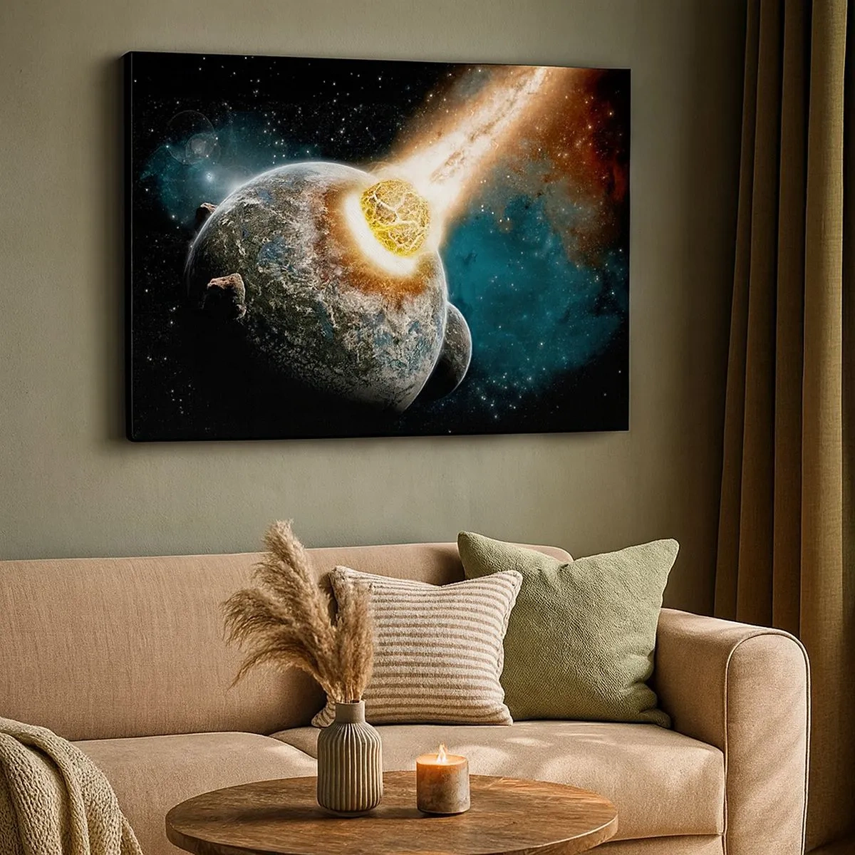 Lærredstryk - Billede på lærred - Kosmisk kollision mellem en planet og en asteroide i nærheden af galaksen. - 70x50cm - Udslettelse eller fødsel? - Moderne vægdekoration til stue og soveværelse ARTTOR