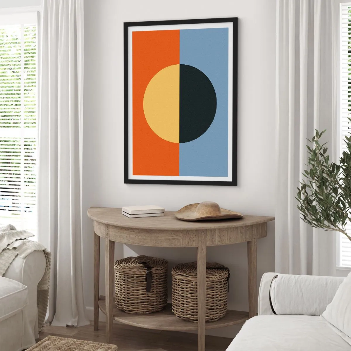 Plakat i sort ramme - Geometrisk komposition med en cirkel og kontrasterende farver - 50x70cm - En sammensætning af varme og kølighed - Moderne vægdekoration til stue og soveværelse ARTTOR
