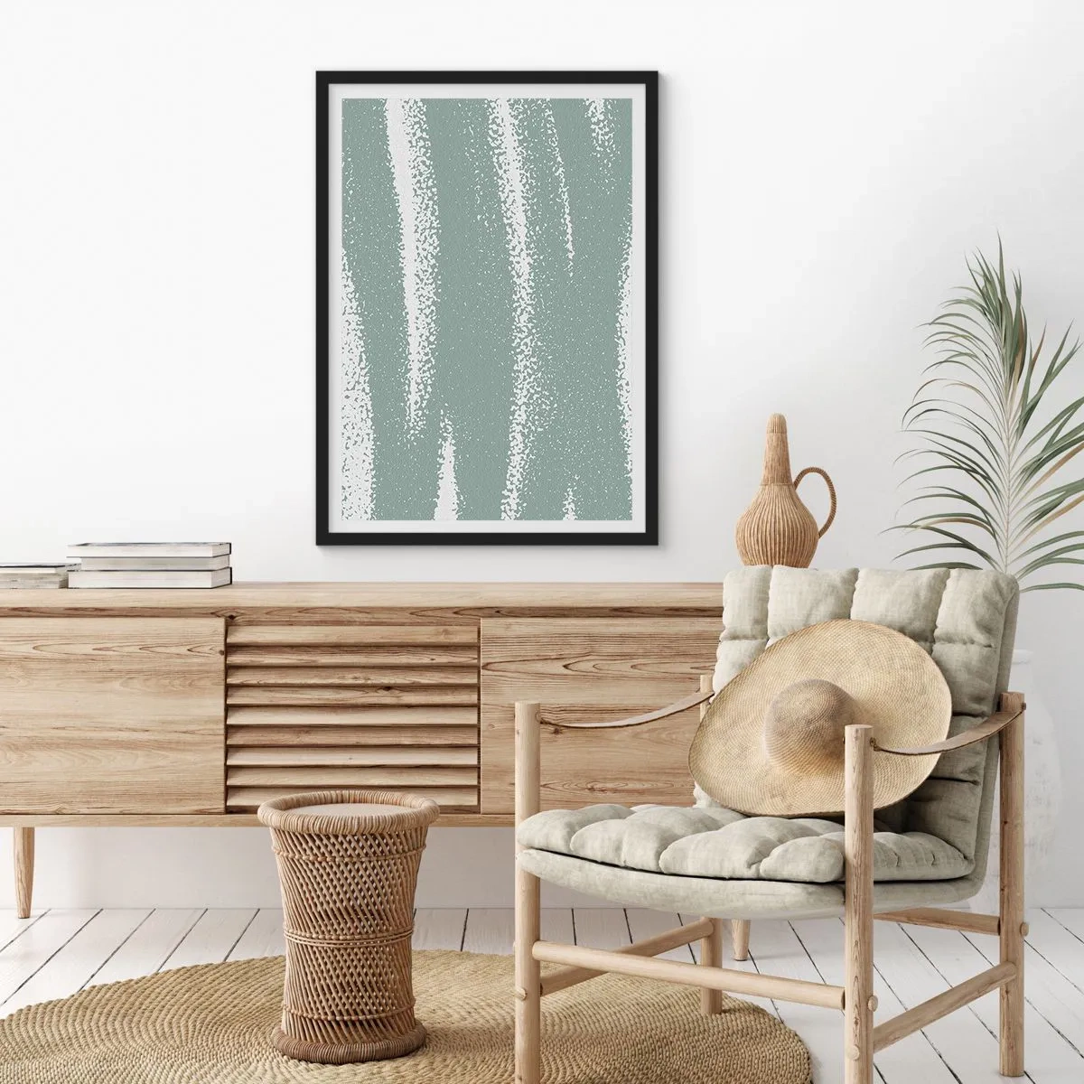 Plakat i sort ramme - En minimalistisk komposition i nuancer af grønt og hvidt - 50x70cm - Abstraktion i vinterstemning - Moderne vægdekoration til stue og soveværelse ARTTOR