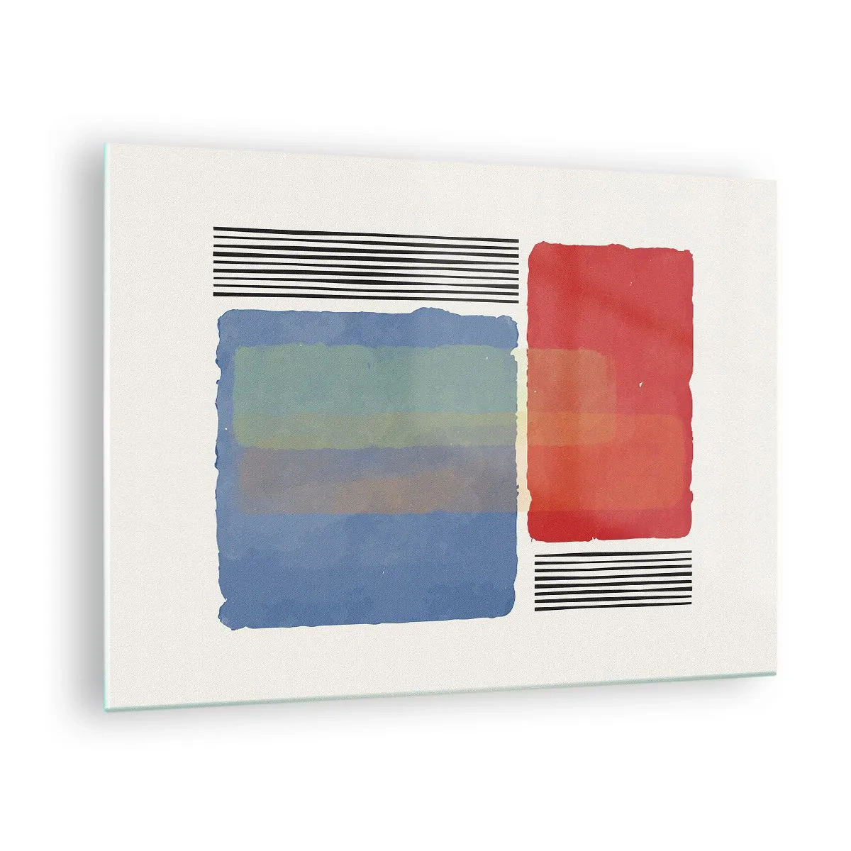 Billede på glas - Geometrisk komposition med røde og blå rektangler - 70x50cm - Geometriens ånd og bogstav - Moderne vægdekoration til stue og soveværelse ARTTOR