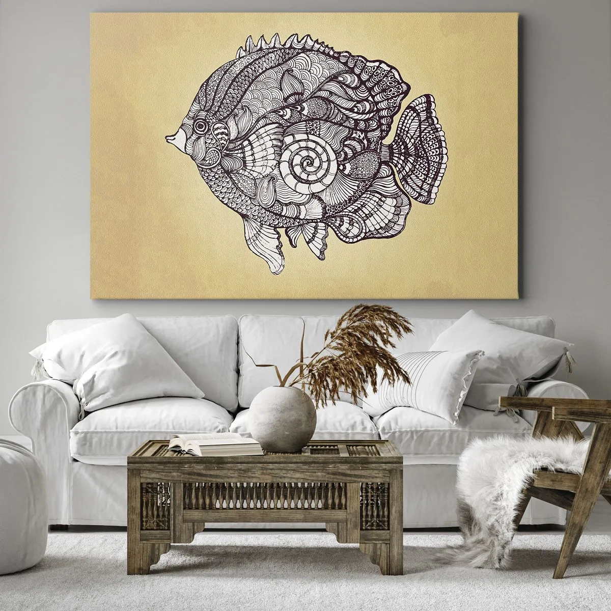 Lærredstryk - Billede på lærred - Dekorativ fisk i tegnestil med mønstre - 70x50cm - Fra et hav af ornamenter - Moderne vægdekoration til stue og soveværelse ARTTOR