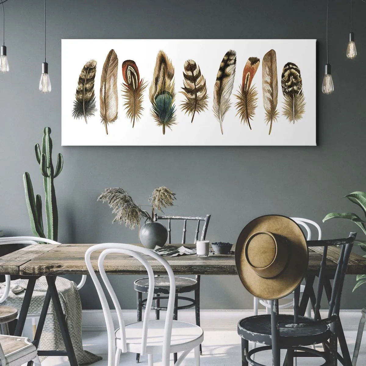 Lærredstryk - Billede på lærred - Variation med fjer - 100x40 cm