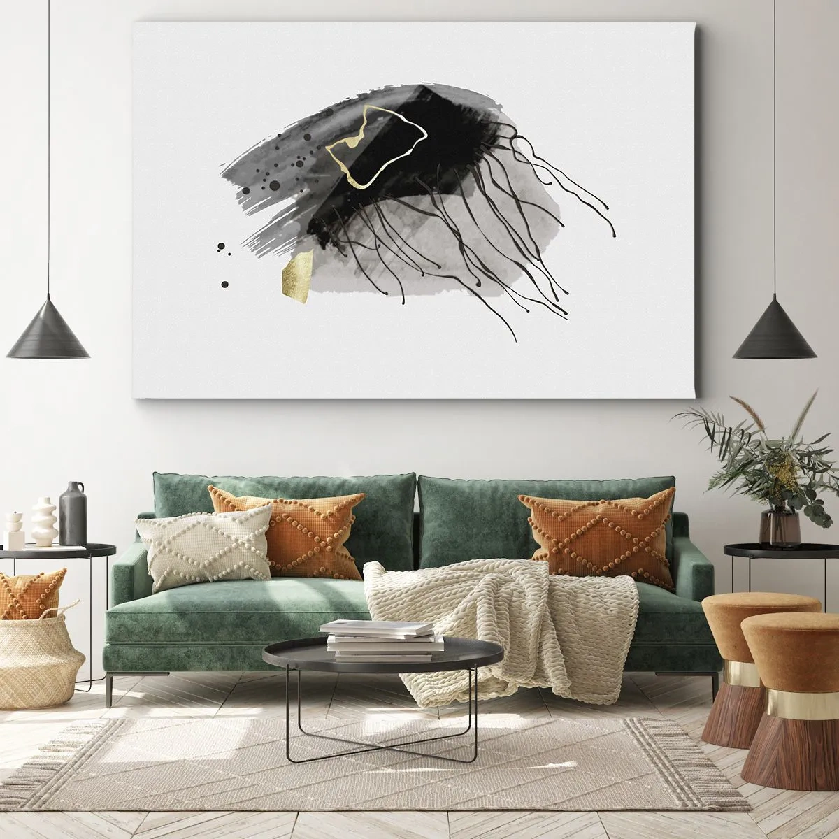 Lærredstryk - Billede på lærred - En abstrakt komposition med accenter af sort og guld. - 70x50cm - I sort og guld - Moderne vægdekoration til stue og soveværelse ARTTOR