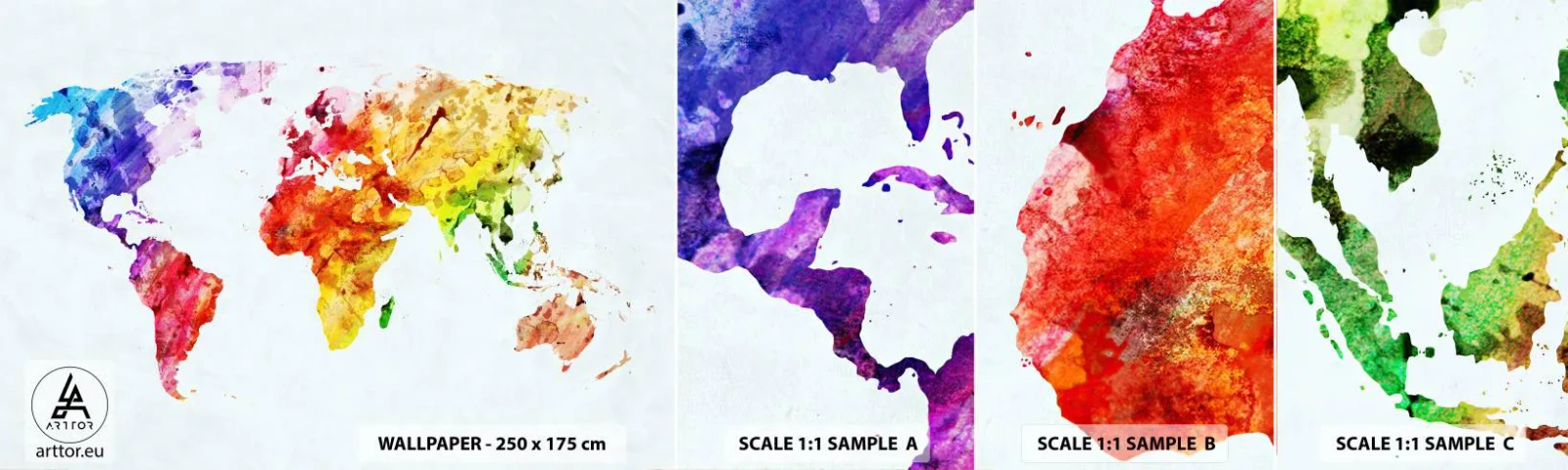 Prøve Fototapet Selvklæbende Deluxe Sticker - Alle verdens farver - Verdenskort, Grafik, Kontinenter - 100x30 cm