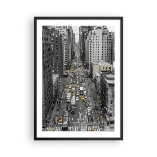 Plakat i sort ramme - New York City gade i sort og hvid med gule taxaer - 50x70cm - Livet i New York - Moderne vægdekoration til stue og soveværelse ARTTOR