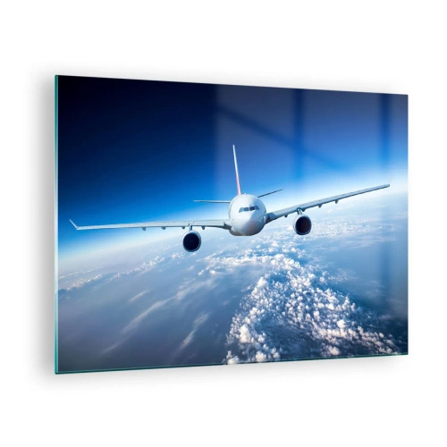 Billede på glas - Et passagerfly mod en blå himmel og skyer - 70x50cm - Jeg går, fordi jeg vil - Moderne vægdekoration til stue og soveværelse ARTTOR