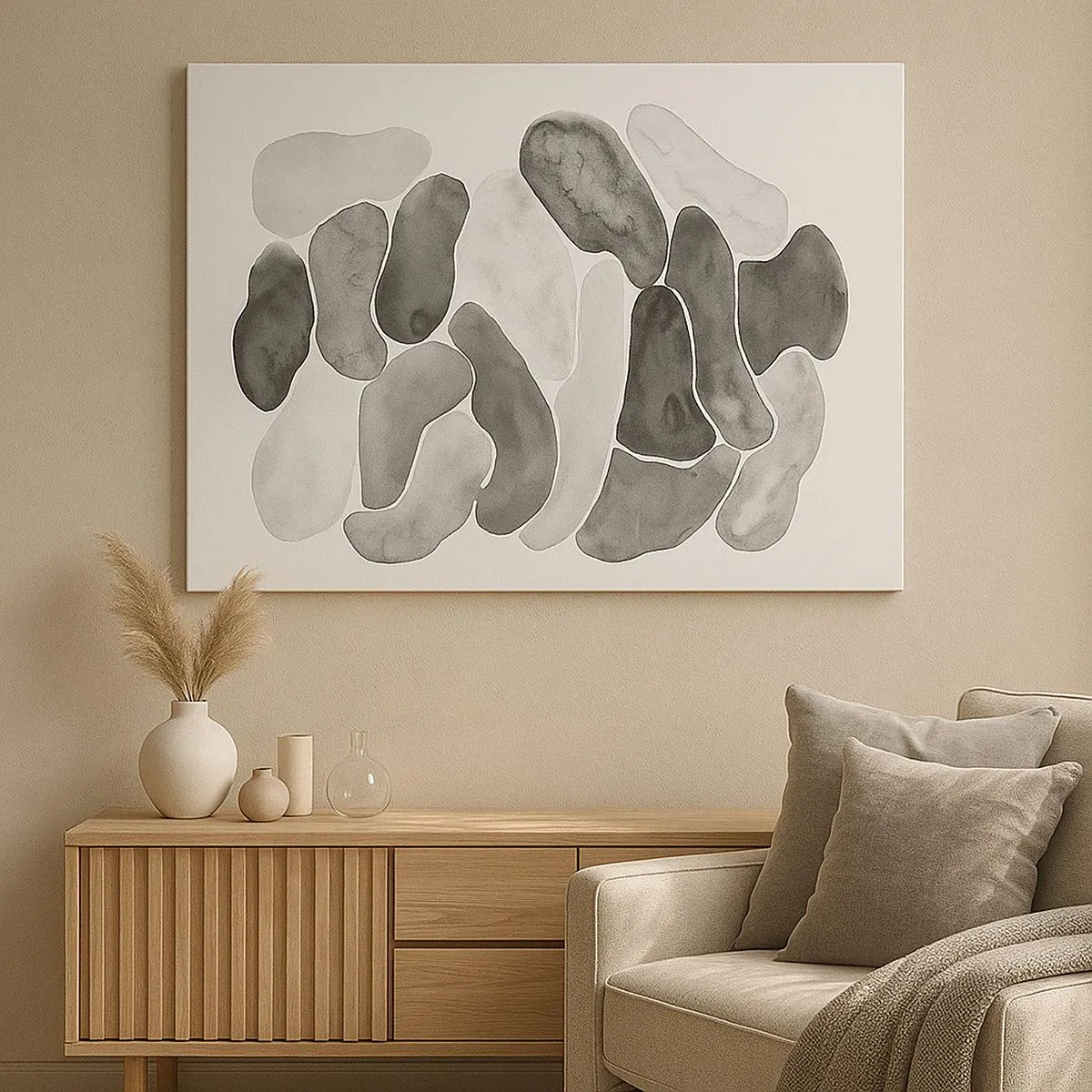 Lærredstryk - Billede på lærred - Sort-hvid abstraktion med uregelmæssige pletter på en hvid baggrund - 70x50cm - Stenet abstraktion - Moderne vægdekoration til stue og soveværelse ARTTOR