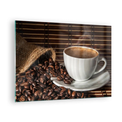 Billede på glas - En kop kaffe med bønner på en rustik baggrund - 70x50cm - Kulets sorthed, ravets gennemsigtighed - Moderne vægdekoration til stue og soveværelse ARTTOR