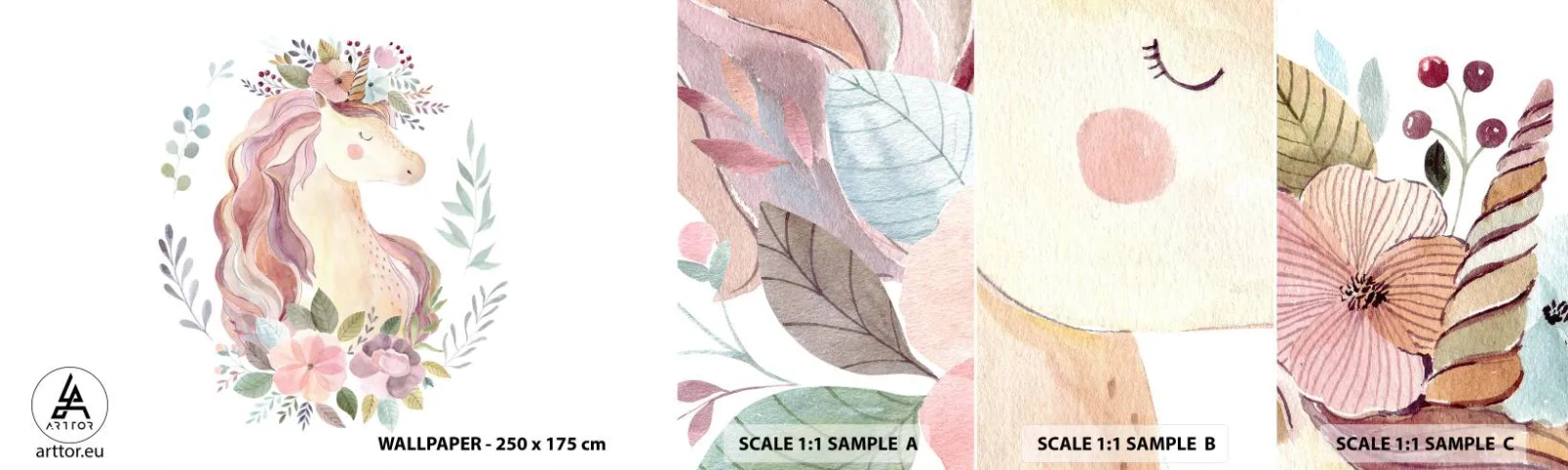 Prøve Fototapet Selvklæbende Deluxe Sticker - En invitation til eventyrets verden - enhjørning, Girly, For børn - 100x30 cm