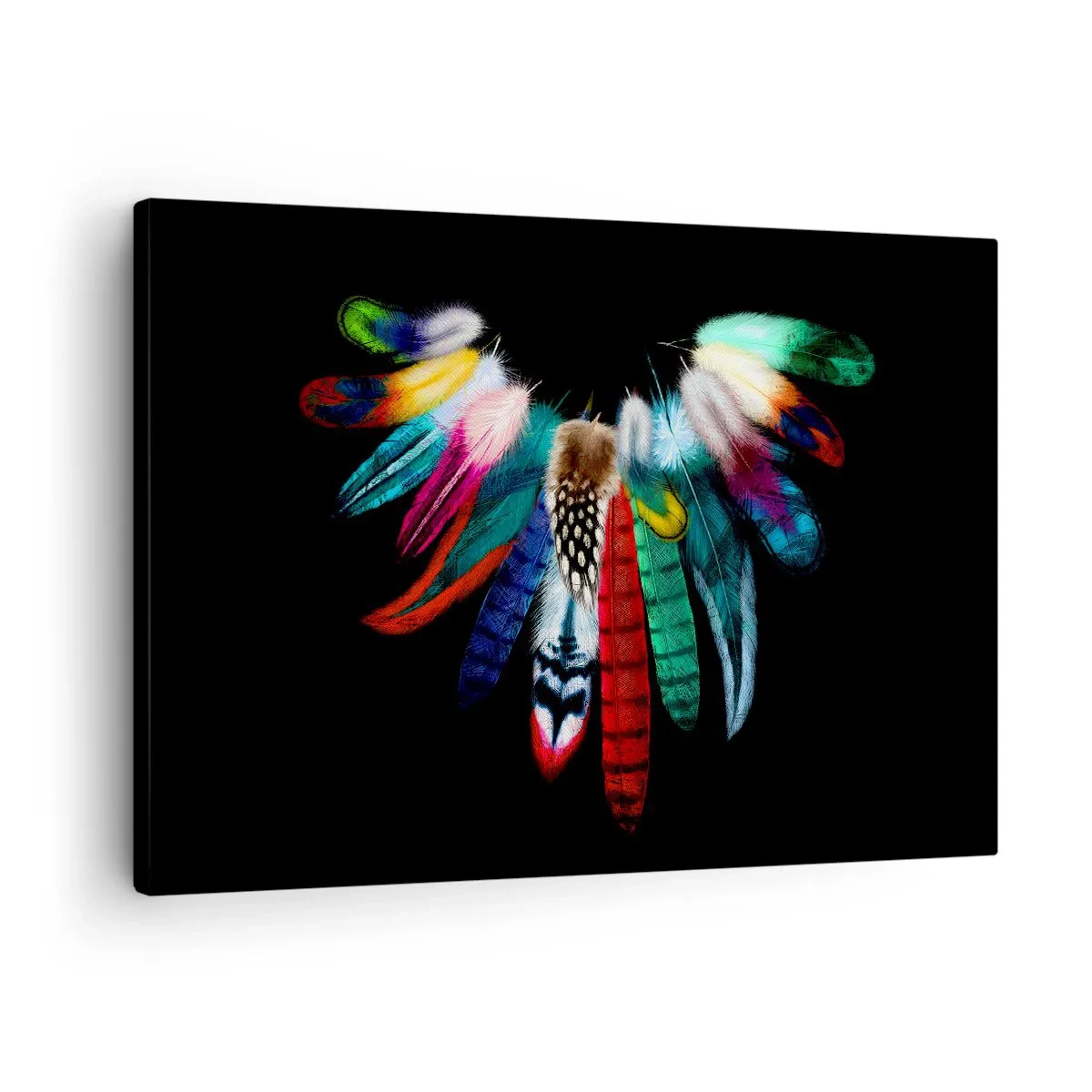 Lærredstryk - Billede på lærred - Farverige fjer på en sort baggrund i en kunstnerisk komposition - 70x50cm - Indisk halskæde - Moderne vægdekoration til stue og soveværelse ARTTOR