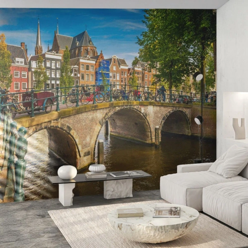 Fototapet Premium Canvas - Forår ved kanalen - By, Amsterdam, Arkitektur - 350x256 cm