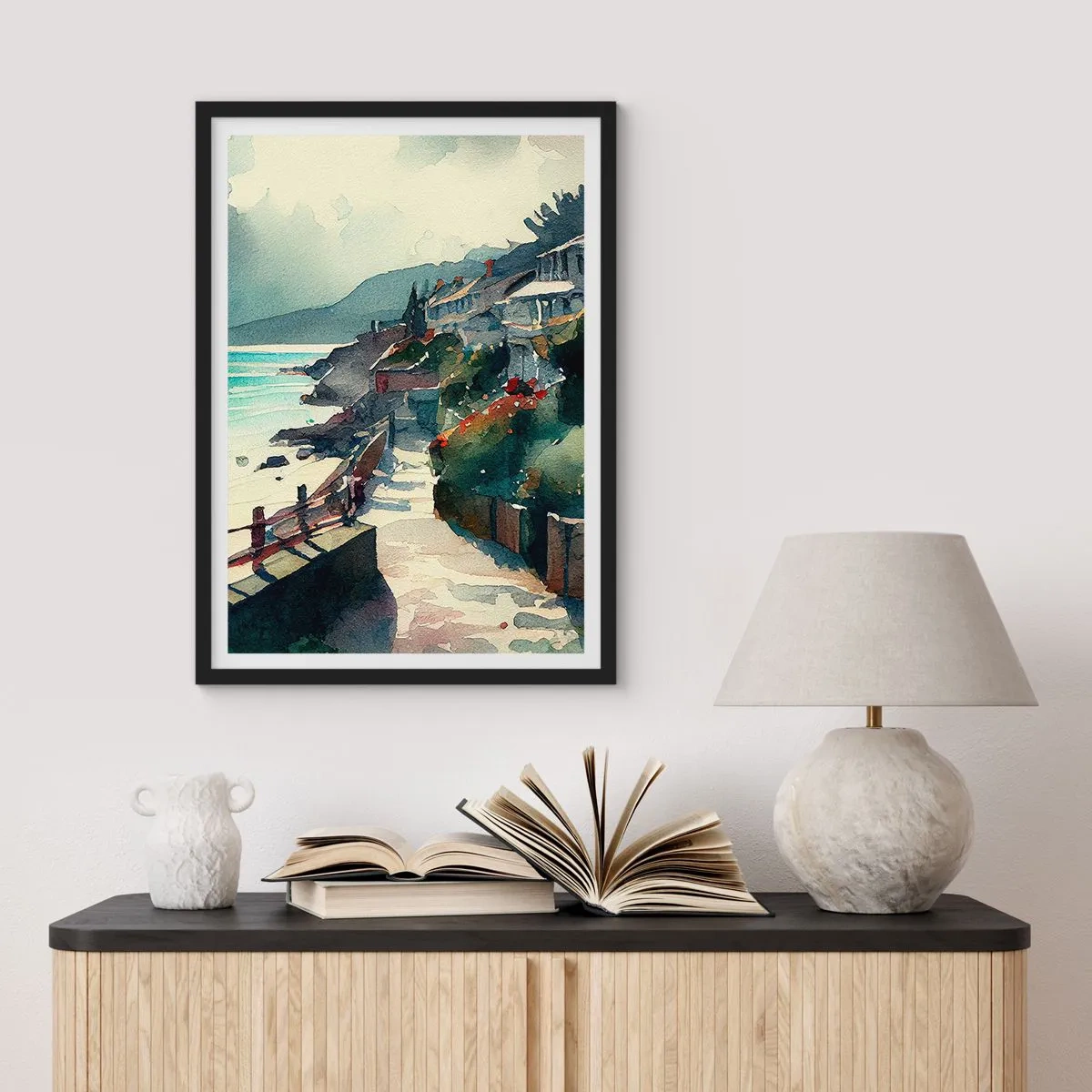 Plakat i sort ramme - Middelhavsby - 30x40 cm