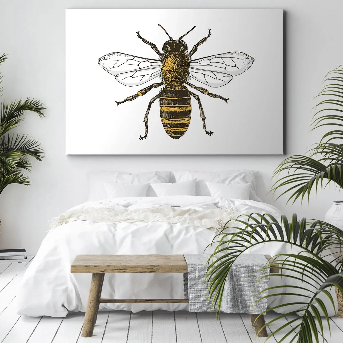 Lærredstryk - Billede på lærred - Detaljeret illustration af en bi på en hvid baggrund - 70x50cm - Smuk og god - Moderne vægdekoration til stue og soveværelse ARTTOR
