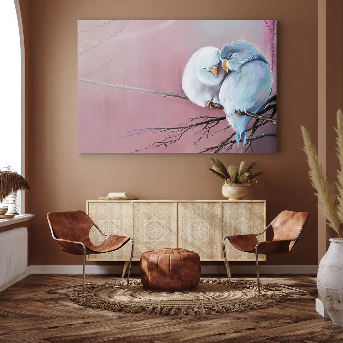 Lærredstryk - Billede på lærred - To forelskede fugle på en gren på en lyserød baggrund - 70x50cm - Hvad er der at tilføje?.... - Moderne vægdekoration til stue og soveværelse ARTTOR