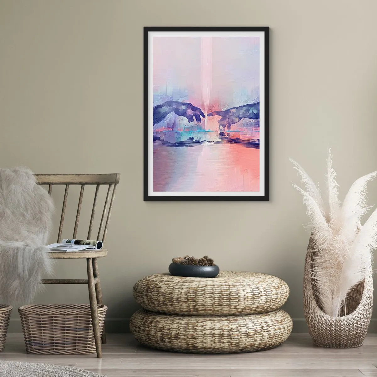 Plakat i sort ramme - Abstrakte hænder i pastelfarver - 50x70cm - Den guddommelige gnist af liv - Moderne vægdekoration til stue og soveværelse ARTTOR