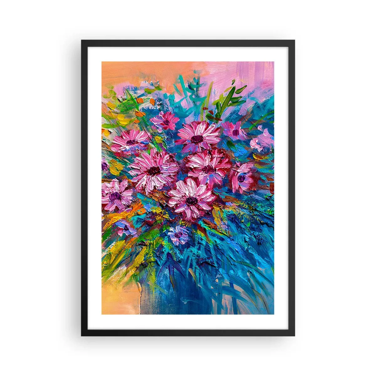 Plakat i sort ramme - En buket af intenst farvede blomster på en abstrakt baggrund - 50x70cm - Livets energi - Moderne vægdekoration til stue og soveværelse ARTTOR